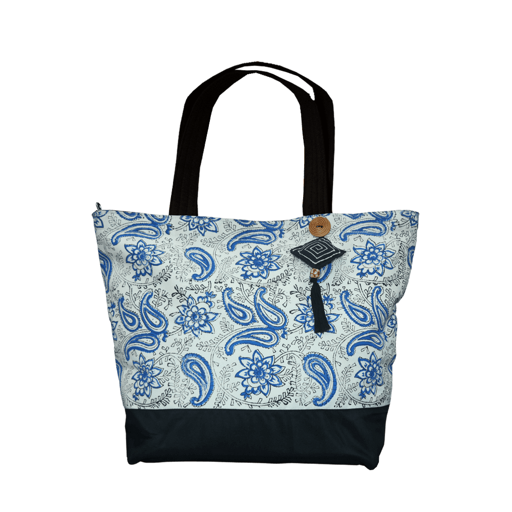Blue Paisley & Flowers Motif Tote Bag