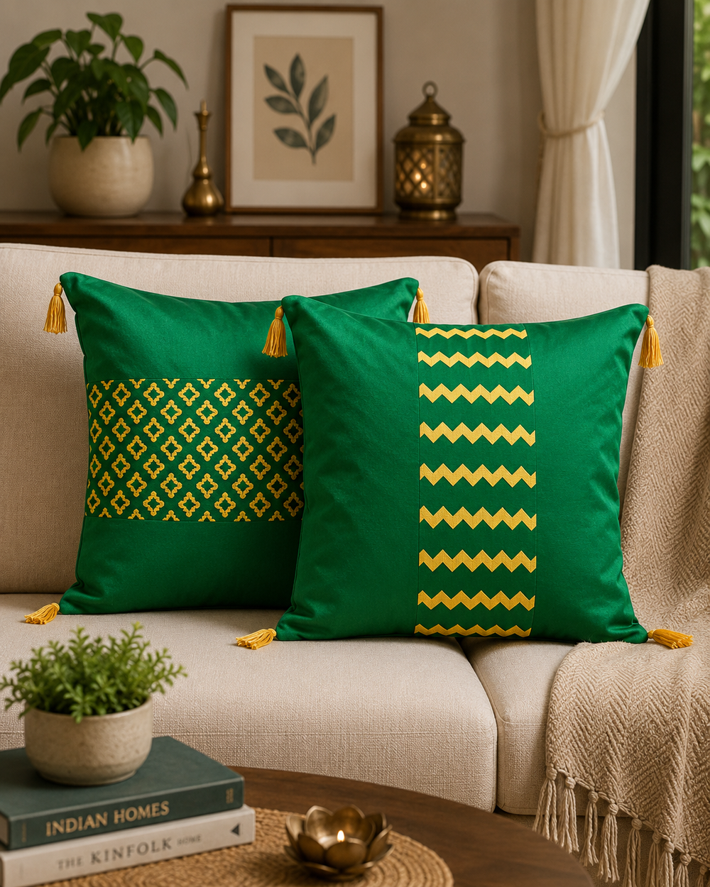 Green Colour Silk Fabric Hand block printed Cushion Cover Set