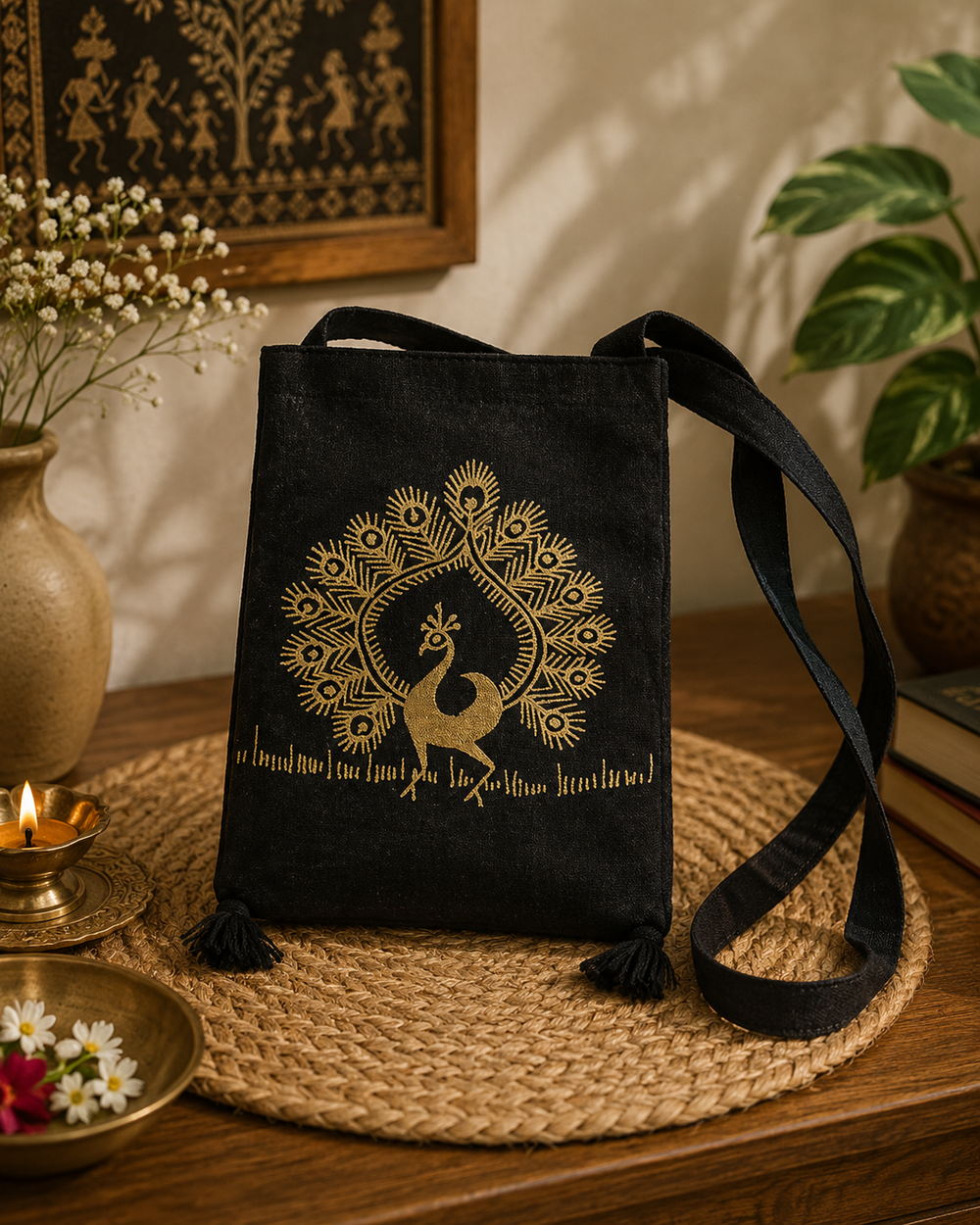 Warli Peacock Silk Sling Bag