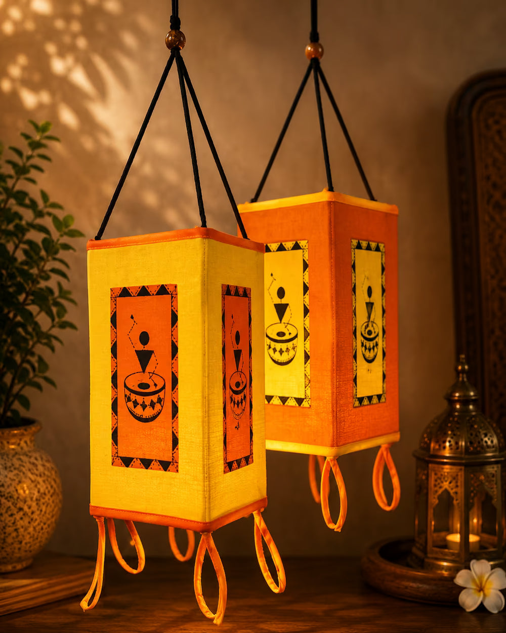 Dancing Warli Lamps - Set of 2 (Yellow & Orange)