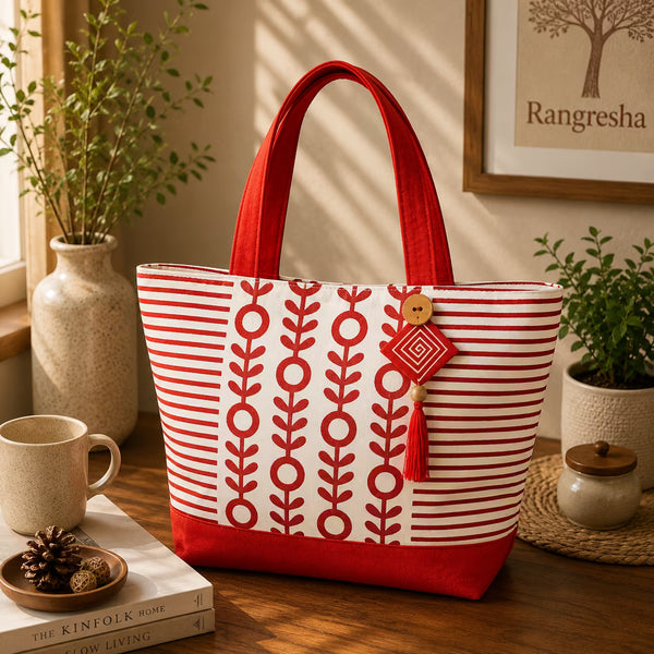 Red Blossom Horizontal Stripe Tote Bag