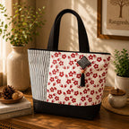Red Floral Vertical Stripe Tote Bag