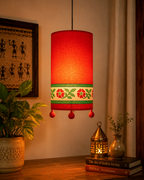 Floral Hand-Block-Printed Hanging Lamp – Crimson Red