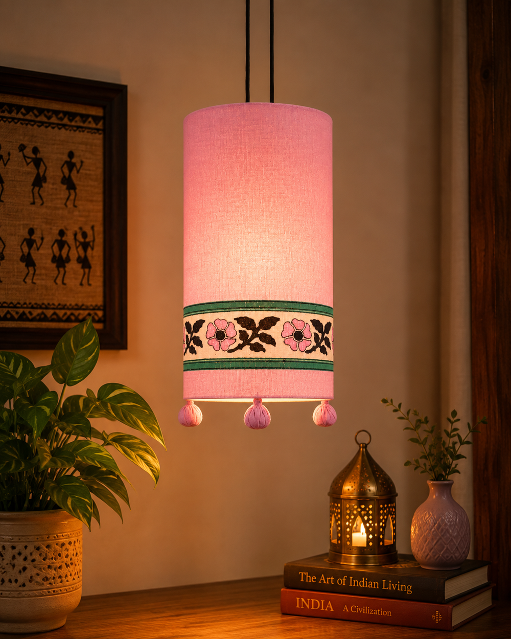 Floral Hand-Block-Printed Hanging Lamp – Blush Pink