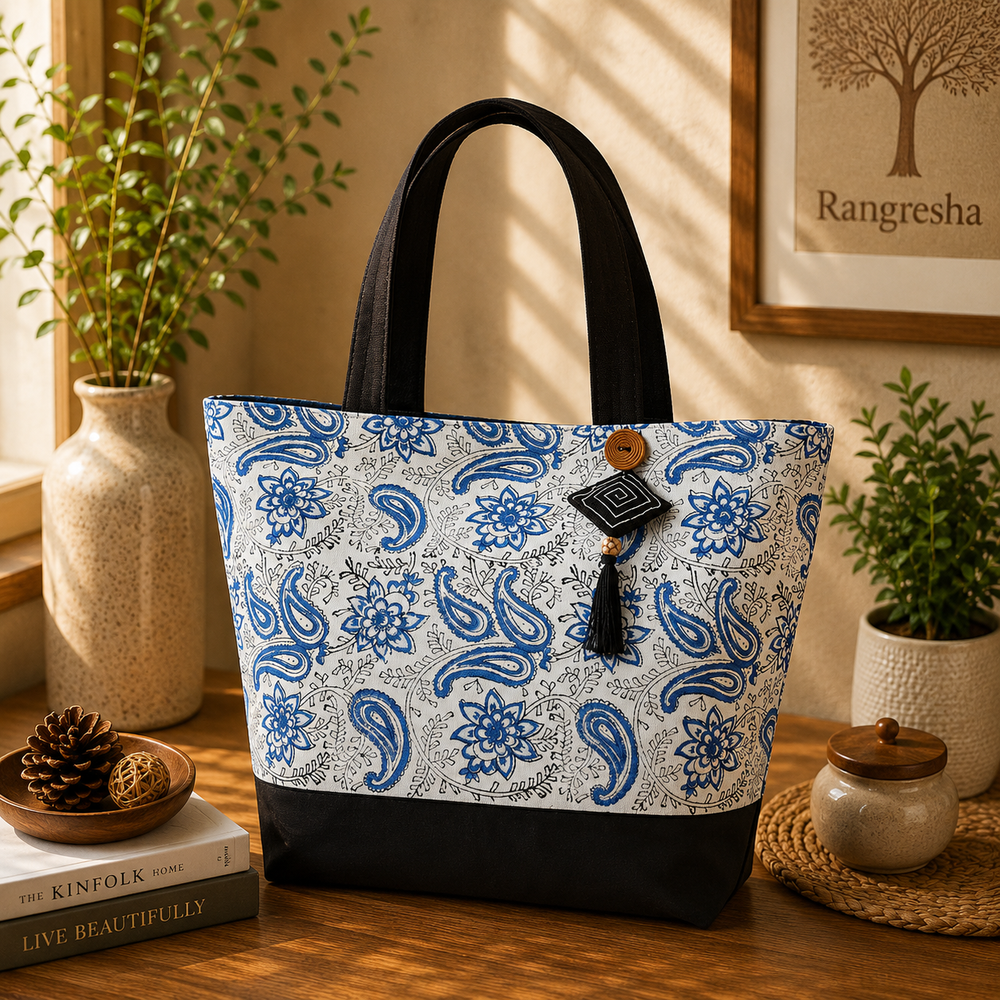 Blue Paisley & Flowers Motif Tote Bag