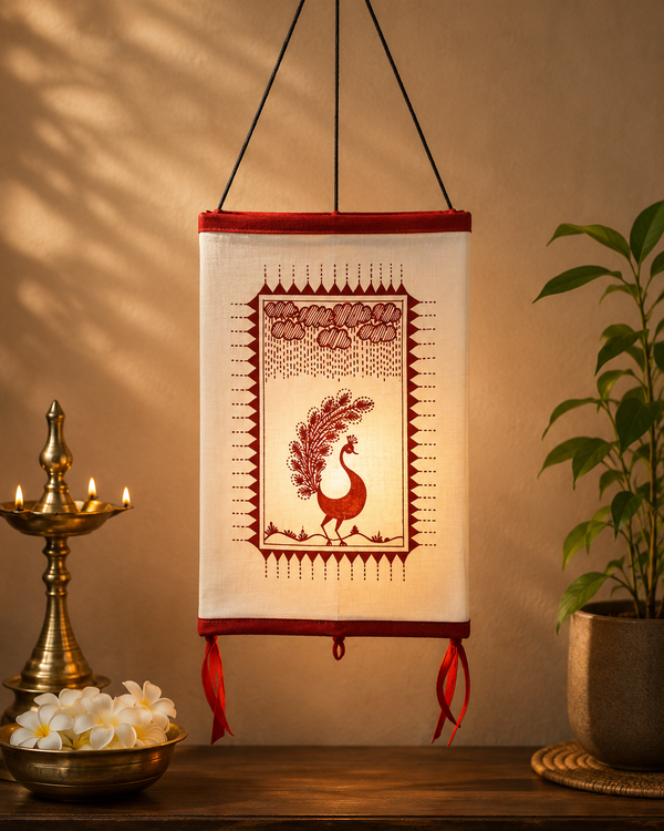 Grey Fabric Cotton Peacock Triangular Lamp