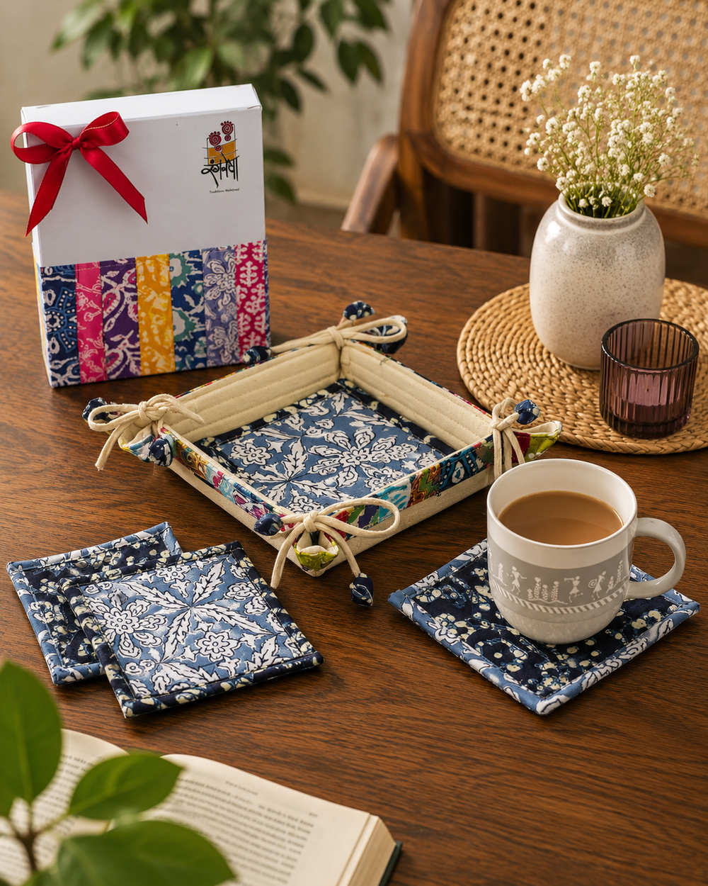 Tea Coaster Set with Tray Cotton - ColourBurst