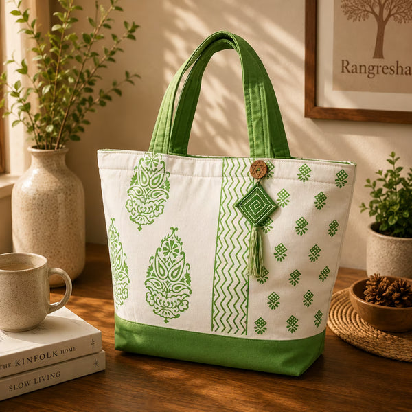 Green Paisley Zigzag Tote Bag
