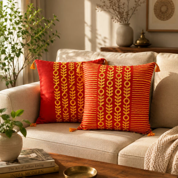 Maroon Colour Silk Fabric Hand block printed Cushion Cover Set