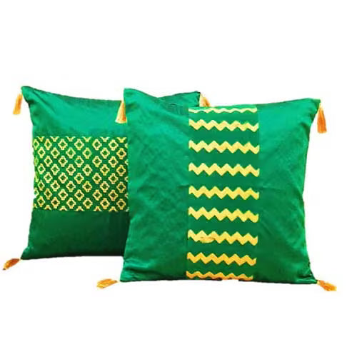 Green Colour Silk Fabric Hand block printed Cushion Cover Set